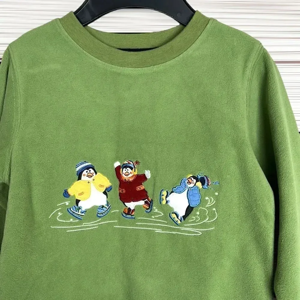 NWT New TALBOTS Kids Vintage Fleece Green Sweatshirt Skating Snowmans size 4